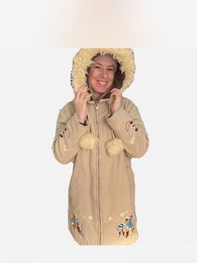 Beige Faux-Fur Hooded Parka with Pom-Pom Details